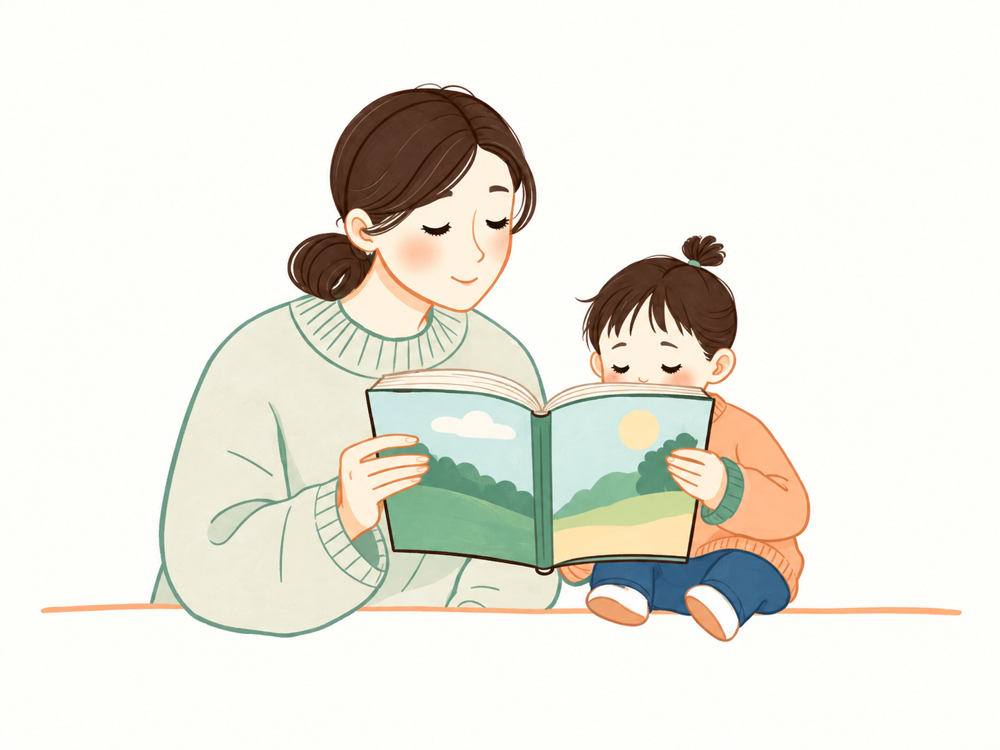 A parent and child reading a Korean picture book together