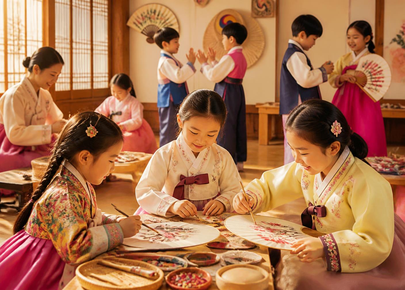 Students in hanbok painting traditional fans during a culture activity